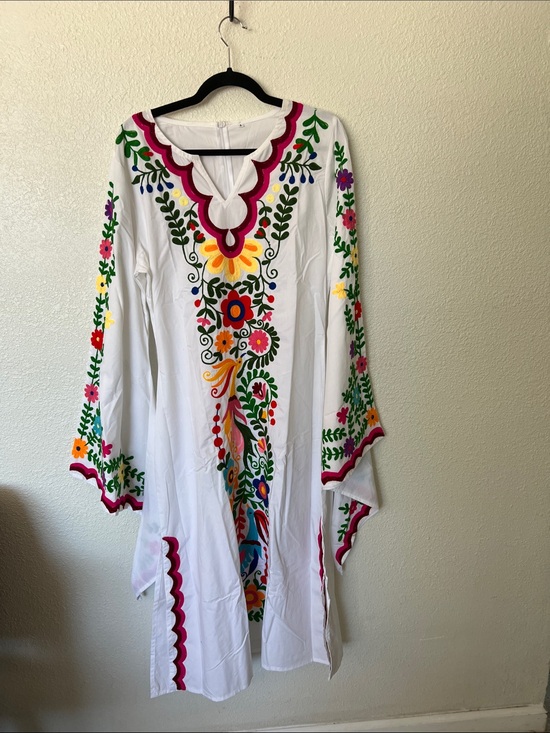 Mateha Dresses & Skirts - Embroidered white Maxi Dress with Multicolor Floral & Peacock sz Lrg